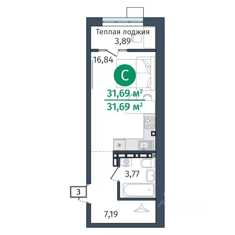 Студия Тюменская область, Тюменский муниципальный округ, д. Дударева ... - Фото 1