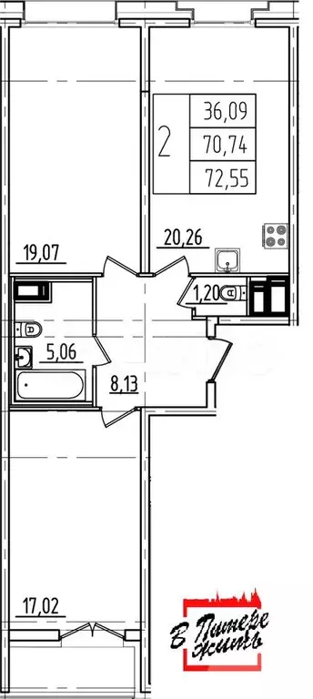 2-к. квартира, 72,6 м, 5/19 эт. - Фото 0