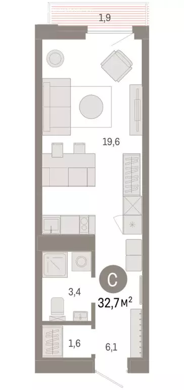 Квартира-студия: Тюмень, жилой комплекс Зарека (32.72 м) - Фото 1