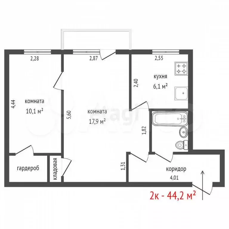 2-к. квартира, 44,2 м, 2/5 эт. - Фото 1