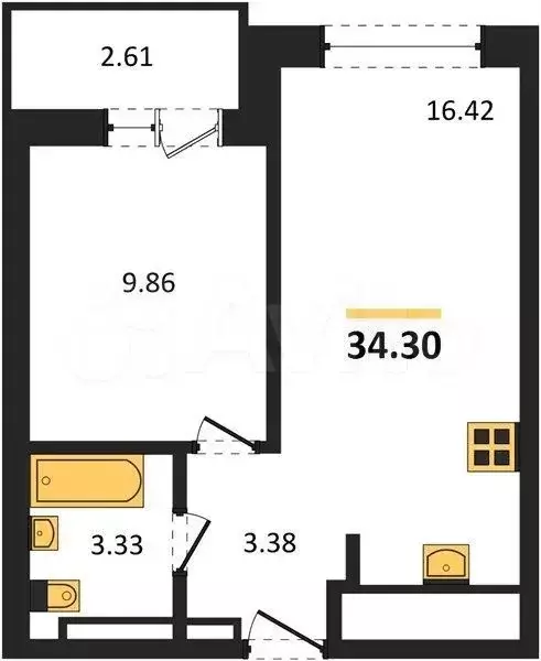 1-к. квартира, 34,3 м, 8/9 эт. - Фото 1