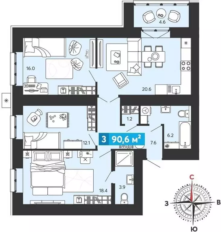 3-комнатная квартира: Засечное, микрорайон Город Спутник (90.6 м) - Фото 1