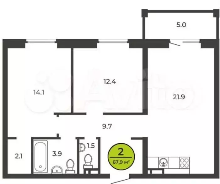 2-к. квартира, 67,9м, 4/9эт. - Фото 0