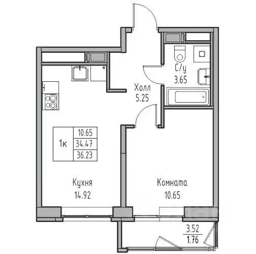 1-к кв. Санкт-Петербург ул. Ивинская, 1к4 (34.47 м) - Фото 1