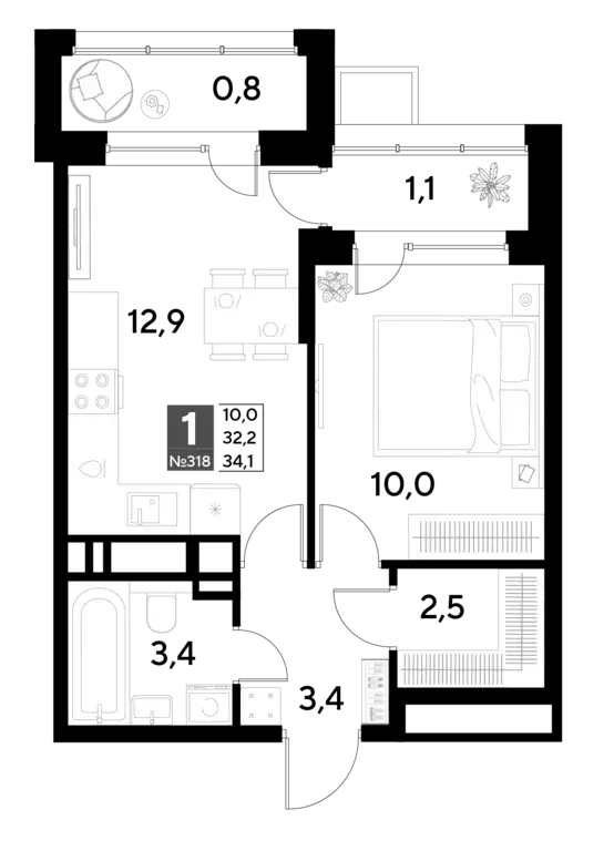 1-к квартира, 34.1 м - Фото 0
