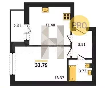 1-к. квартира, 33,9 м, 6/9 эт. - Фото 1