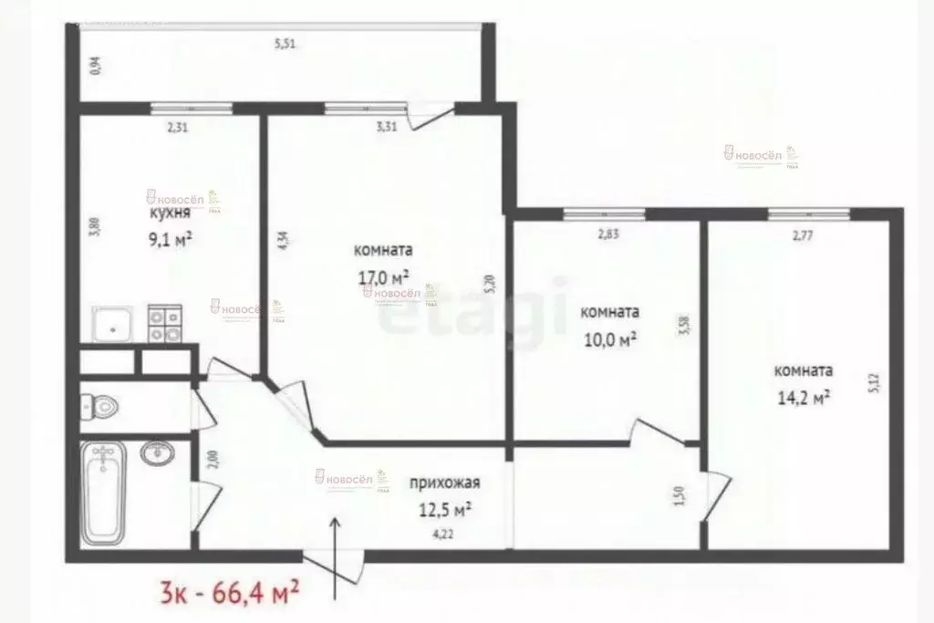 3-комнатная квартира: Екатеринбург, улица Викулова, 61к1 (66.4 м) - Фото 0