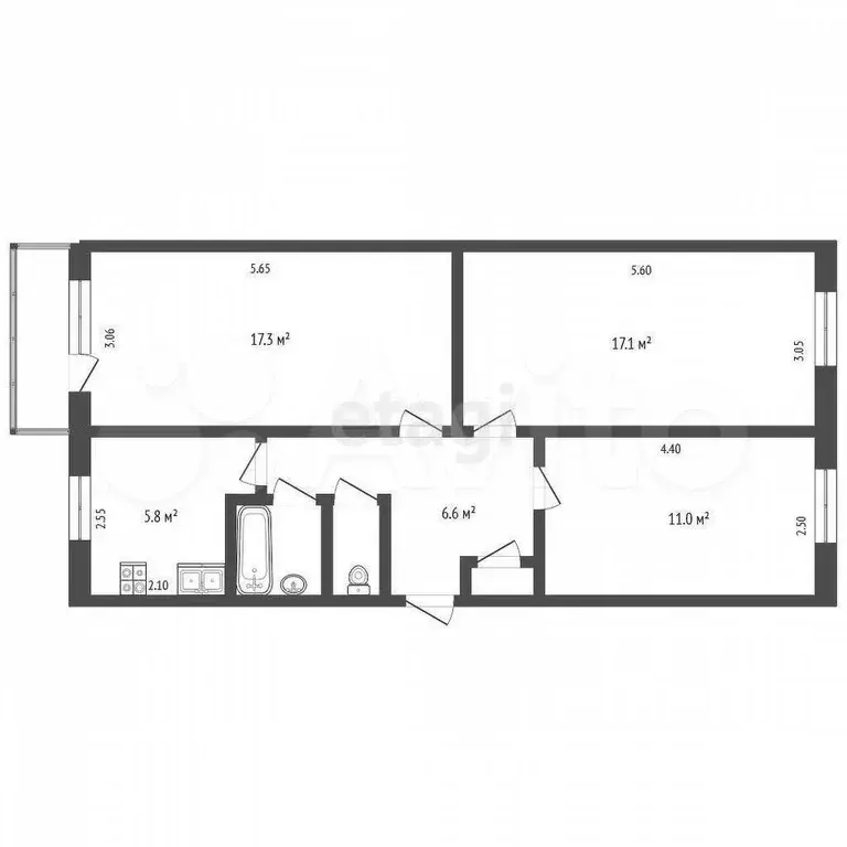 3-к. квартира, 61,9 м, 2/5 эт. - Фото 0