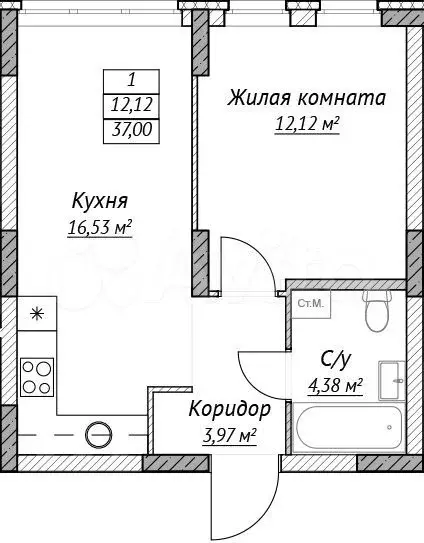 1-к. квартира, 37 м, 2/14 эт. - Фото 0