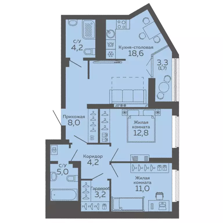 2-к квартира, 68 м - Фото 0