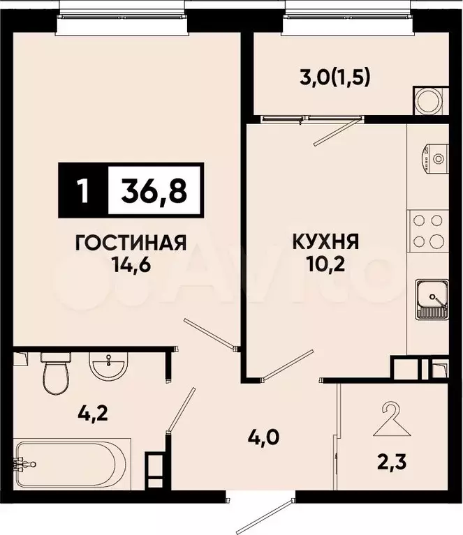 1-к. квартира, 36,8 м, 7/14 эт. - Фото 0