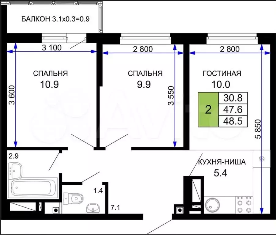 2-к. квартира, 51 м, 8/19 эт. - Фото 0