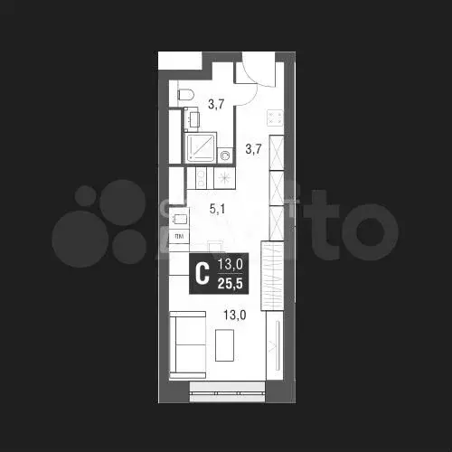 Квартира-студия, 25,6 м, 25/53 эт. - Фото 1