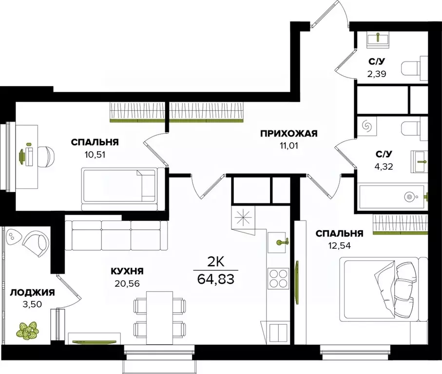 2-к кв. Тульская область, Тула  (64.83 м) - Фото 1