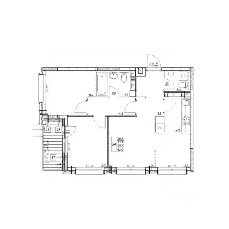 3-к кв. Приморский край, Владивосток ул. Расула Гамзатова, 7к1 (62.0 ... - Фото 1