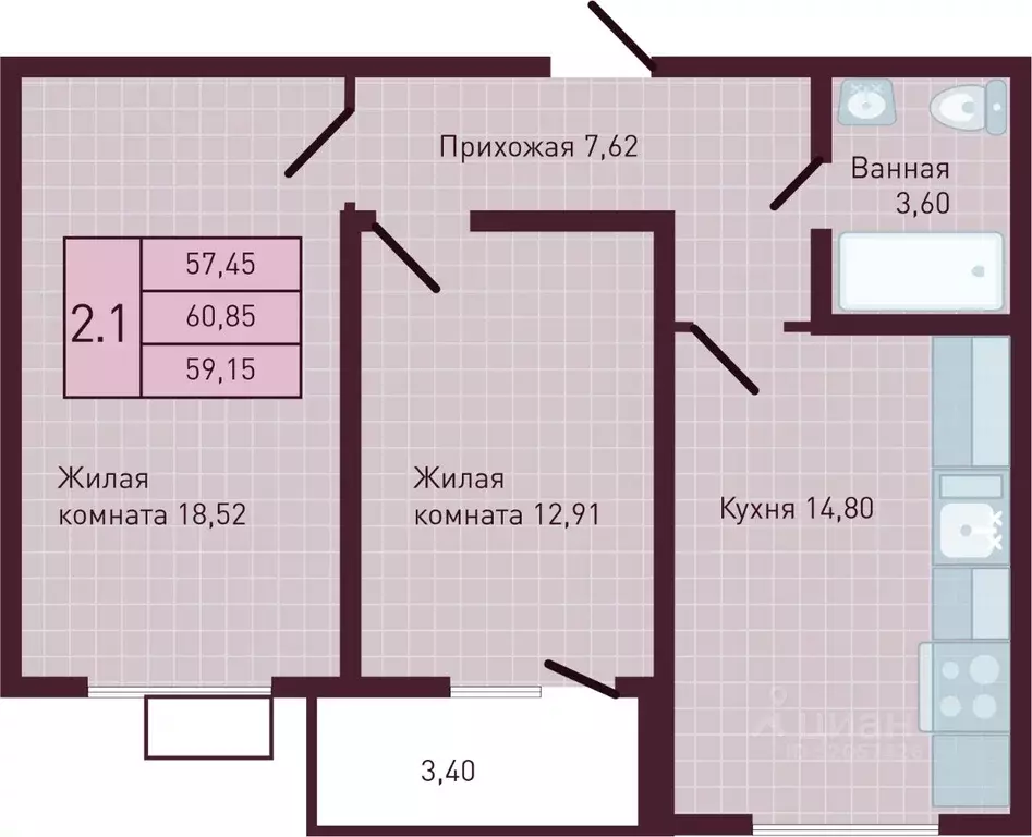 2-к кв. Чувашия, Новочебоксарск Советская ул., поз1 (59.15 м) - Фото 1