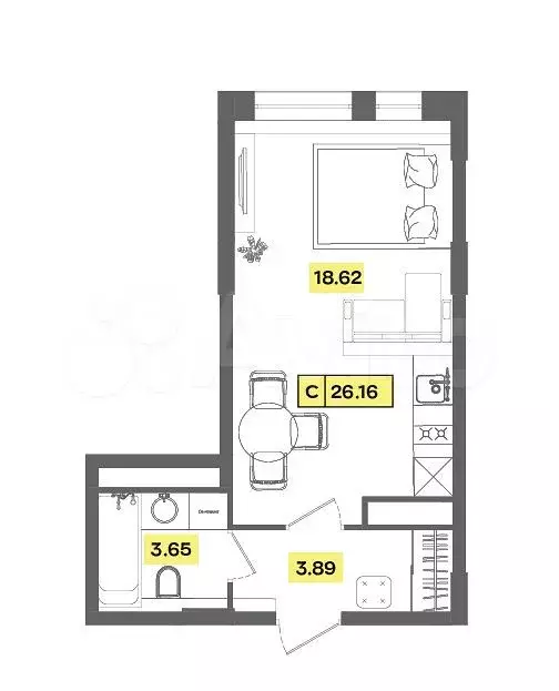 Квартира-студия, 26,2 м, 4/9 эт. - Фото 0