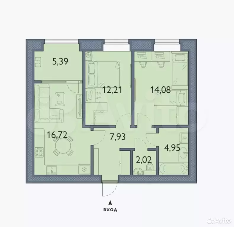 2-к. квартира, 63,3 м, 6/8 эт. - Фото 1