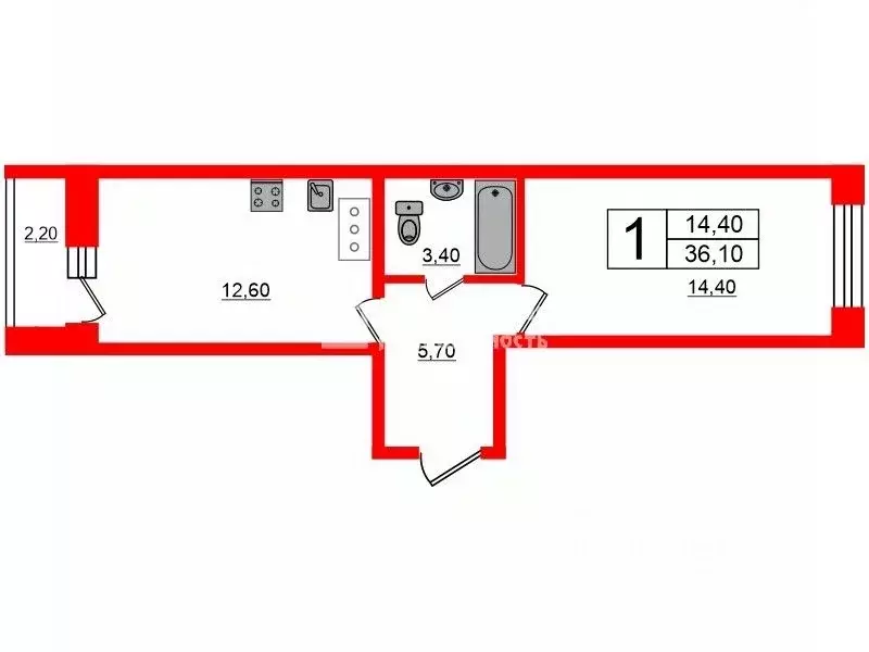 1-к кв. санкт-петербург ул. русановская, 18к6 (36.1 м) - Фото 1