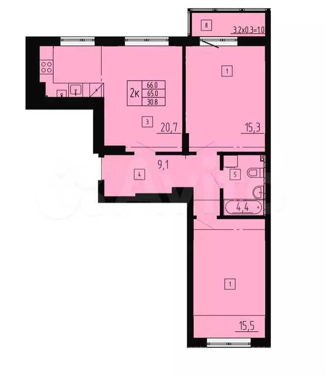 2-к. квартира, 66 м, 3/8 эт. - Фото 1