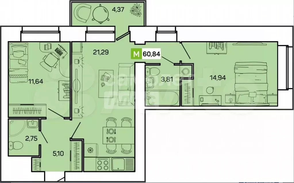 3-к. квартира, 59,5 м, 7/9 эт. - Фото 0