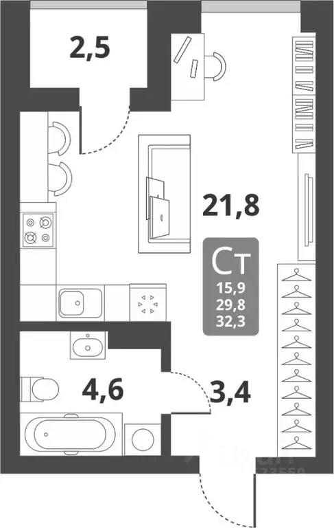 Студия Новосибирская область, Новосибирск Тайгинская ул., с3 (29.8 м) - Фото 0