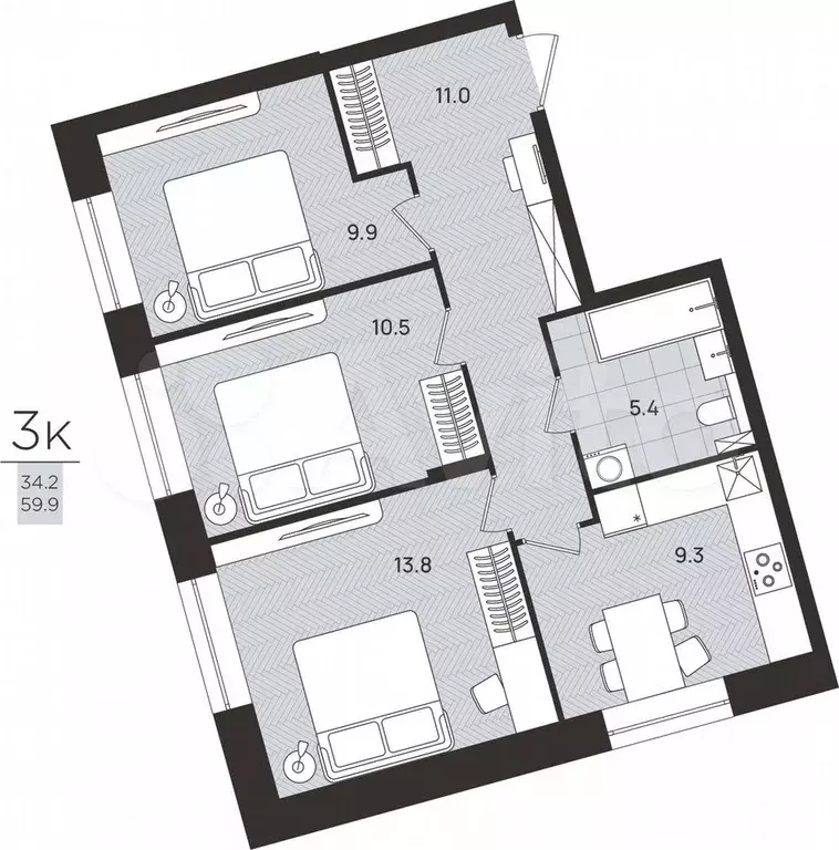 3-к. квартира, 59,9 м, 1/8 эт. - Фото 0