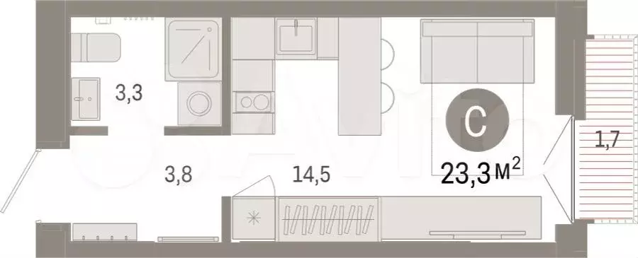 Квартира-студия, 23,3 м, 6/16 эт. - Фото 1