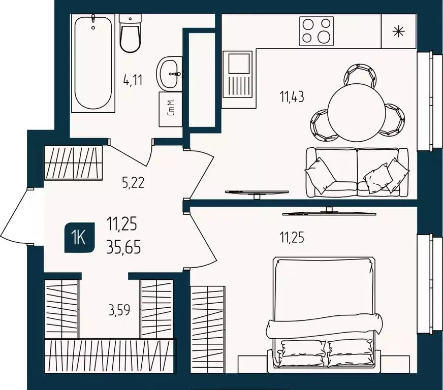 1-к кв. Тюменская область, Тюмень  (35.65 м) - Фото 1