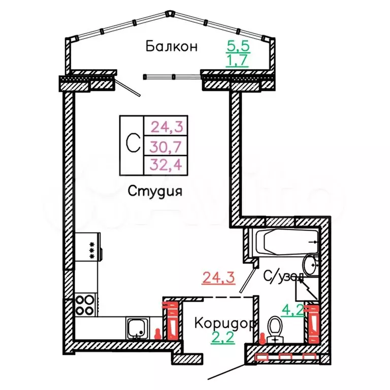 Квартира-студия, 32,4 м, 5/13 эт. - Фото 0