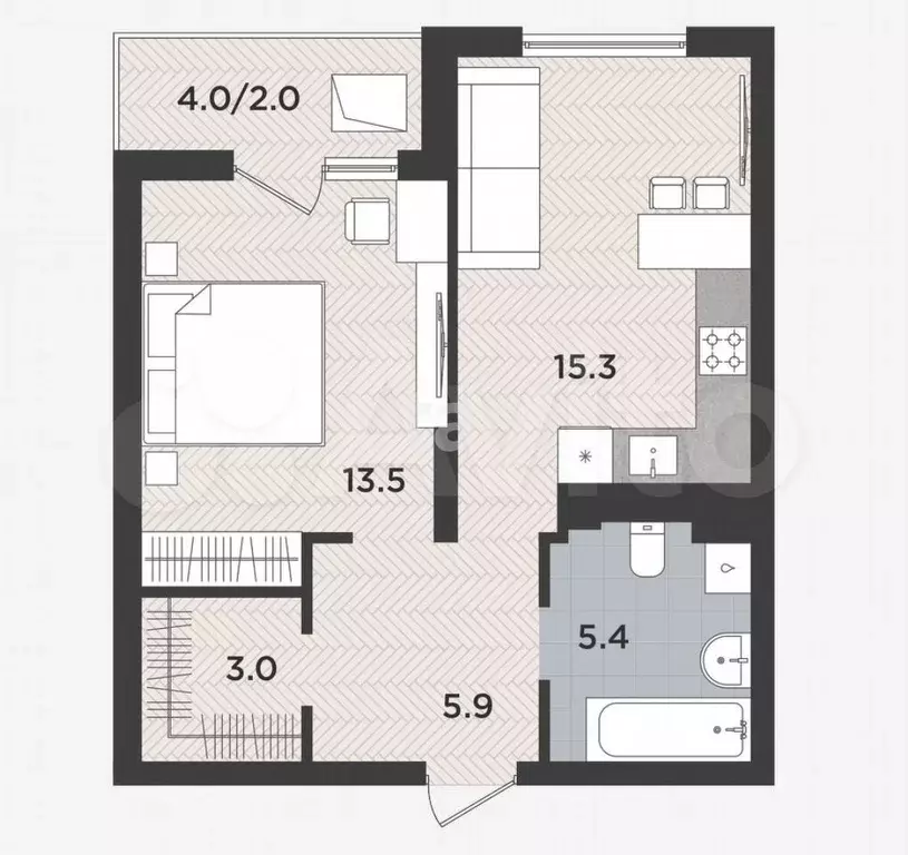 1-к. квартира, 45,1 м, 3/9 эт. - Фото 0