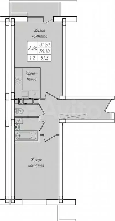 2-к. квартира, 51,3 м, 5/10 эт. - Фото 1