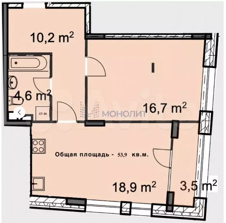 1-к. квартира, 53,9 м, 3/8 эт. - Фото 0