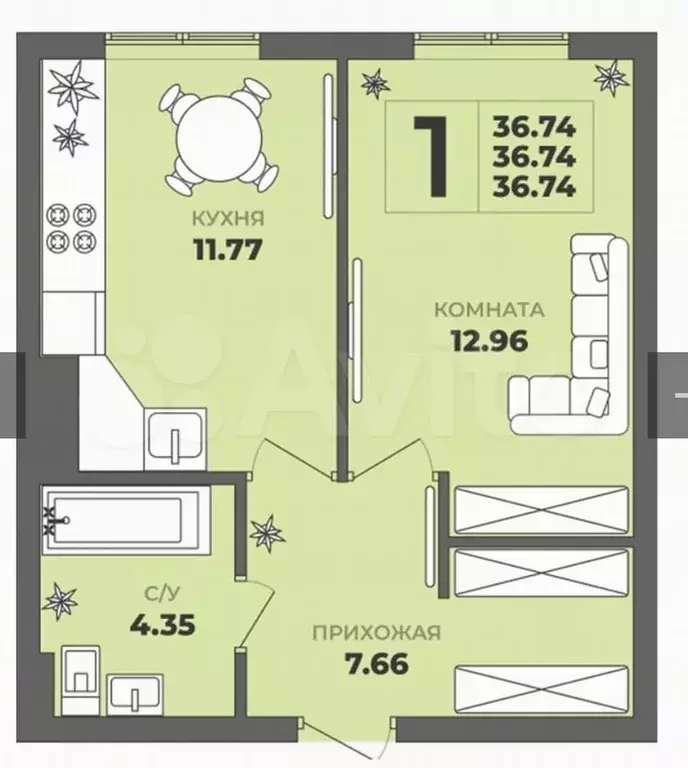 1-к. квартира, 36,7 м, 1/8 эт. - Фото 1