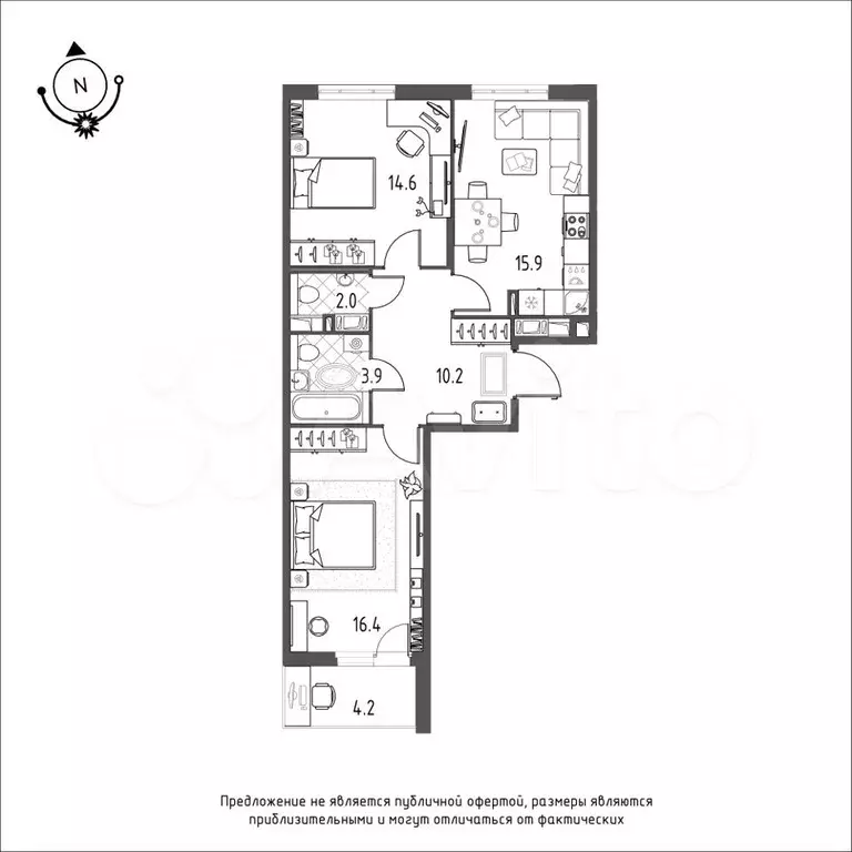 2-к. квартира, 65,1 м, 6/9 эт. - Фото 1