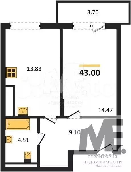 1-к. квартира, 43 м, 6/7 эт. - Фото 0