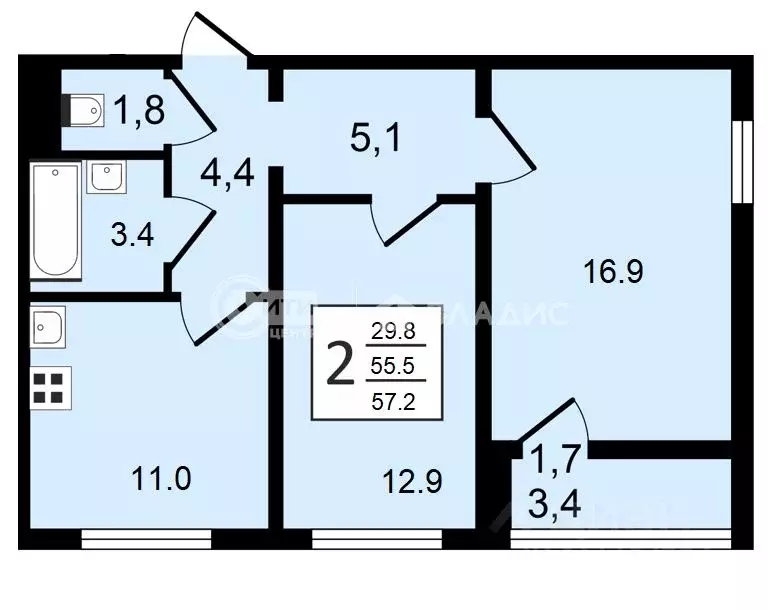 2-к кв. Воронежская область, Воронеж ул. Шишкова, 140Б/6 (57.2 м) - Фото 0