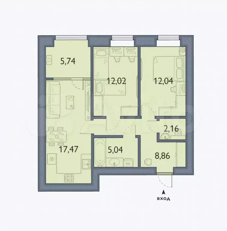 2-к. квартира, 63,3 м, 3/6 эт. - Фото 1