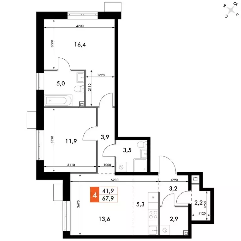 3-комнатная квартира: Владивосток, ЖК Флагман (67.9 м) - Фото 2