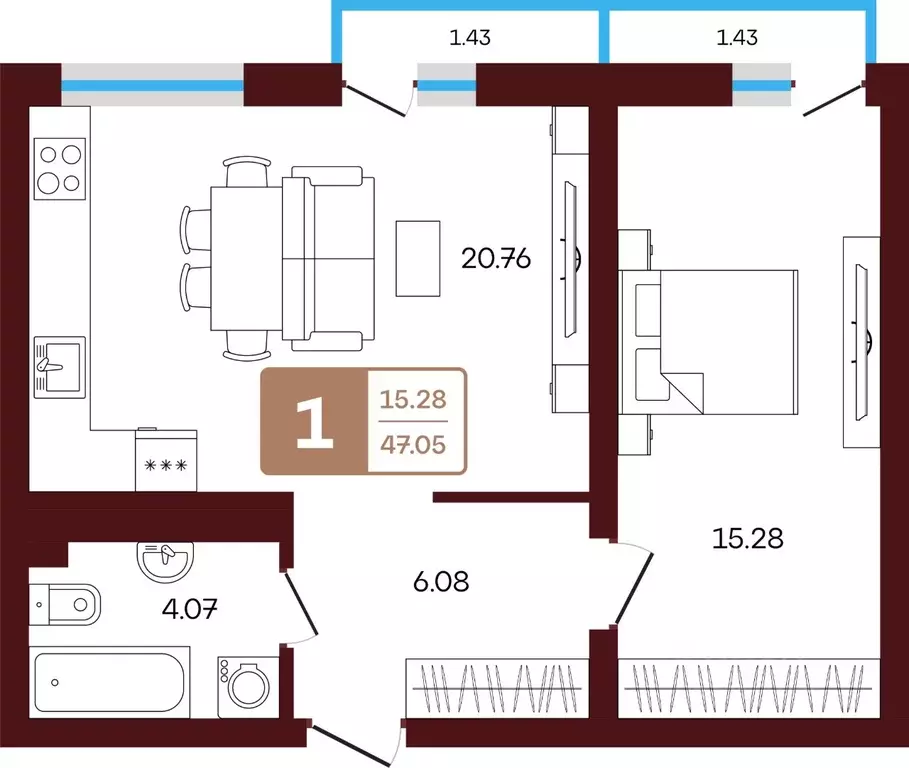 1-к кв. Башкортостан, Иглинский район, с. Акбердино  (47.05 м) - Фото 1