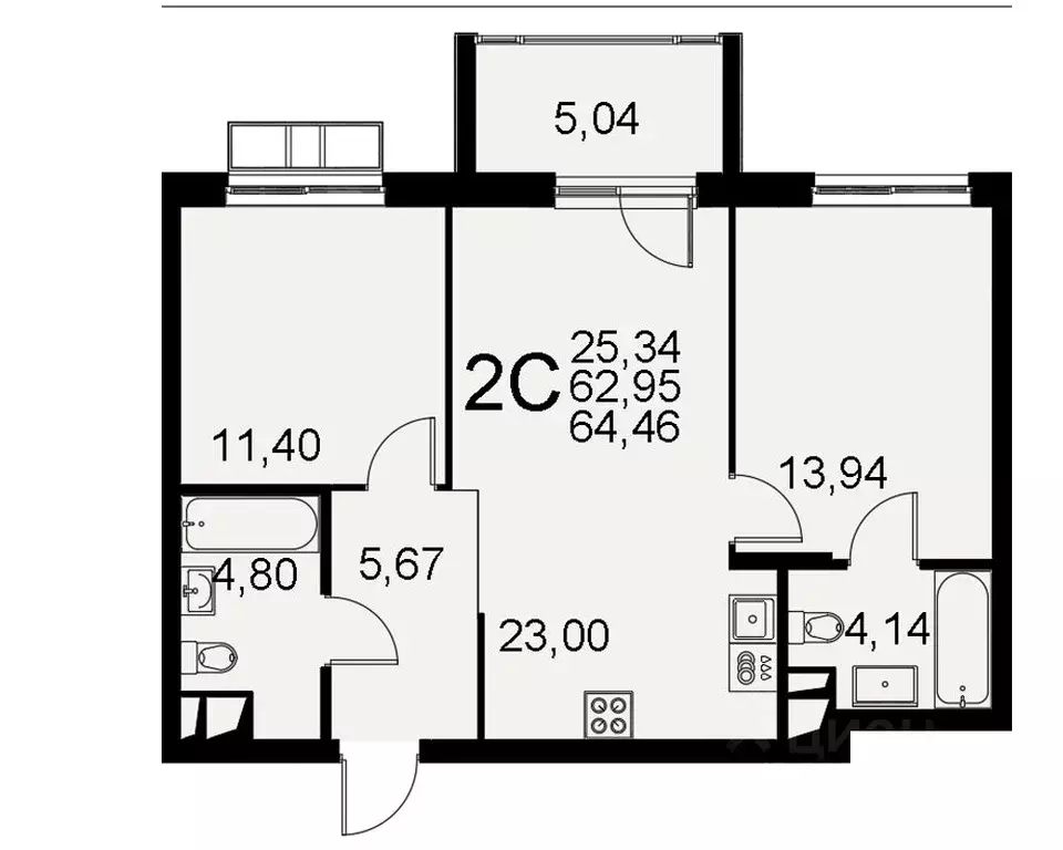 2-к кв. Тульская область, Тула Хлебная пл. (62.95 м) - Фото 0