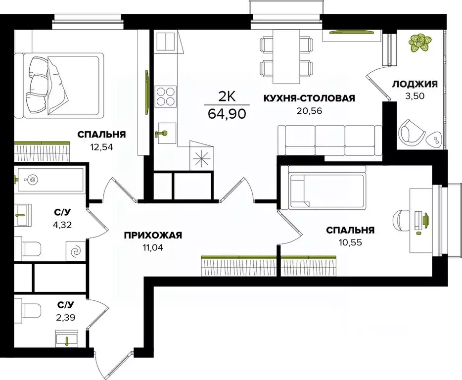 2-к кв. Тульская область, Тула  (64.9 м) - Фото 0