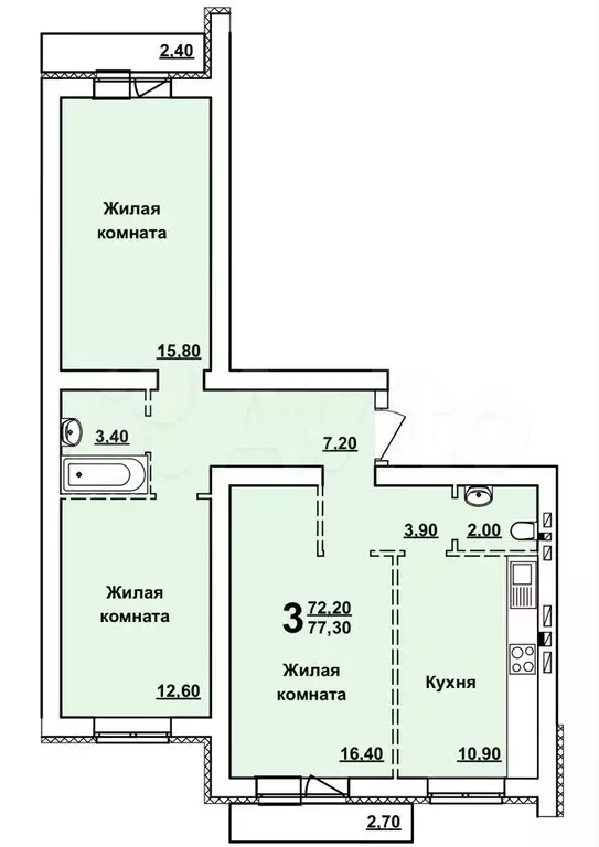 3-к. квартира, 77,3 м, 10/10 эт. - Фото 0