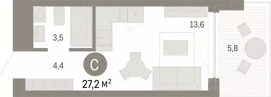 Студия Тюменская область, Тюмень ул. Муравленко, 9к3 (27.23 м) - Фото 1