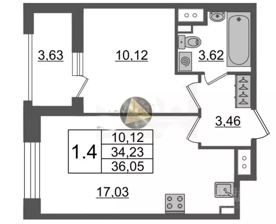 Квартира, 1 комната, 34.2 м - Фото 1