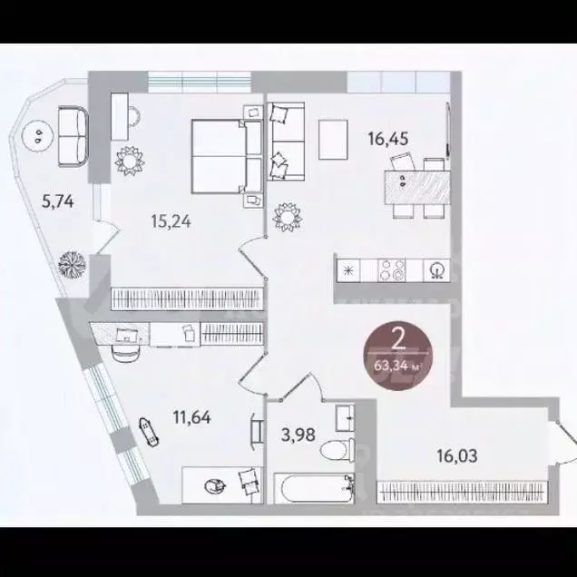 2-к кв. Тюменская область, Тюмень ул. Николая Машарова, 8 (64.0 м) - Фото 2