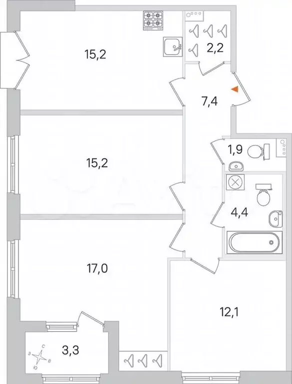 3-к. квартира, 77,1м, 2/4эт. - Фото 0