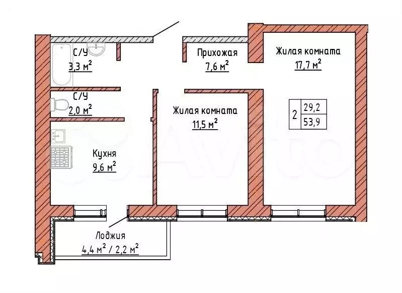 2-к. квартира, 53,9м, 6/16эт. - Фото 0