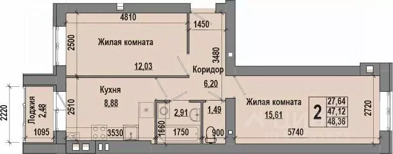 2-к кв. Волгоградская область, Волгоград Долина-2 жилрайон,  (48.36 м) - Фото 0