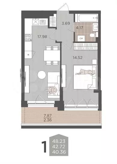 1-к. квартира, 48,2 м, 2/9 эт. - Фото 1